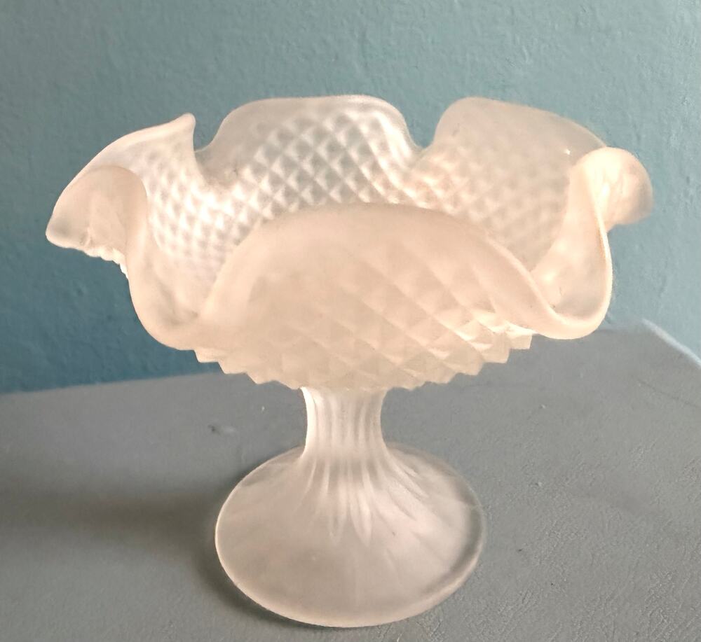 Vintage Indiana Glass White Satin Frosted Diamond Point Ruffled Pedestal Compote